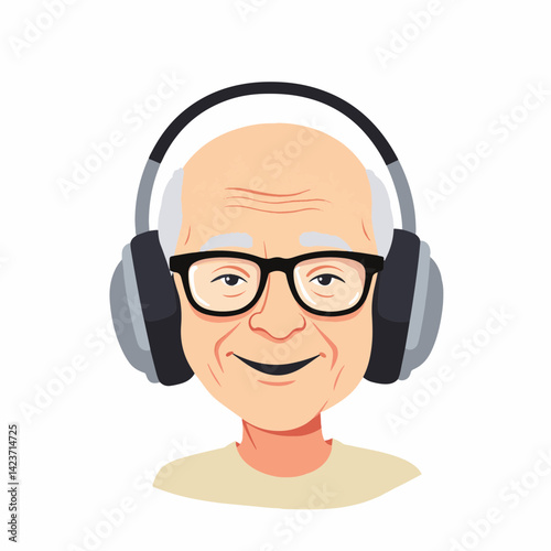 Elderly man smiling with headphones on a white background, love for music