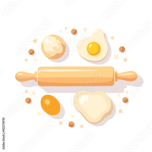 Minimalist rolling pin surrounded by baking ingredients, culinary art
