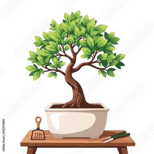 Lush bonsai tree on wooden desk with gardening tools, tranquility