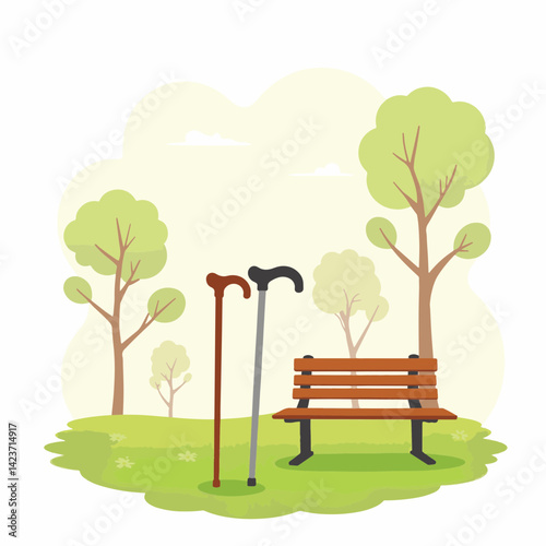 Elegant walking canes beside park bench, friendship and support