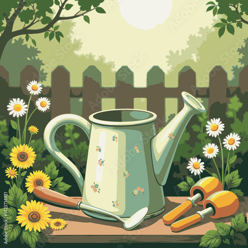 Charming watering can in lush garden, gardening bliss