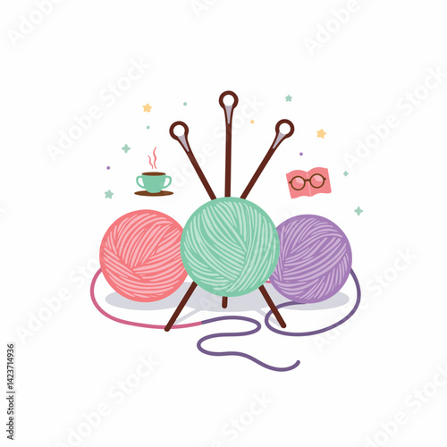 Pastel yarn balls and knitting needles in serene arrangement, creativity