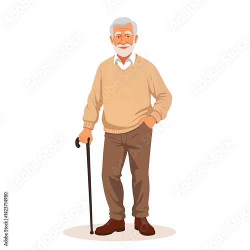 Elderly man smiling with cane in minimalist style, kindness and wisdom