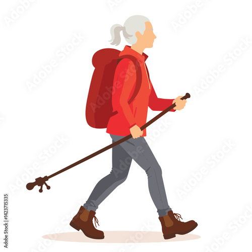 Active elderly woman hiking with backpack, embracing outdoor adventure