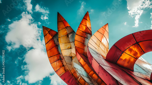 An abstract metal sculpture reaching for a vibrant blue sky, showcasing warm, rusty hues and sharp geometric shapes under bright sunlight.