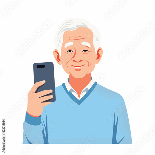 Elderly man smiling while taking a selfie in a minimal background, connection