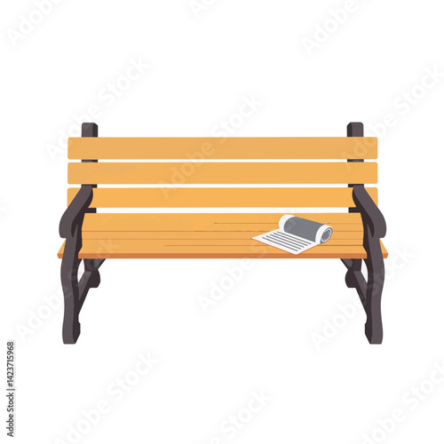 Minimalistic wooden park bench with newspaper, modern simplicity