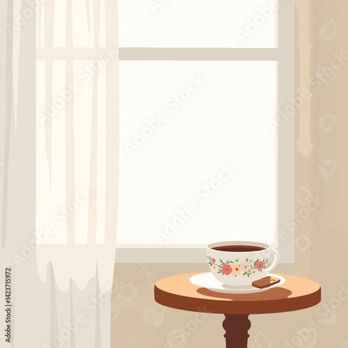 Elegant porcelain coffee cup on table by window, cozy ambiance