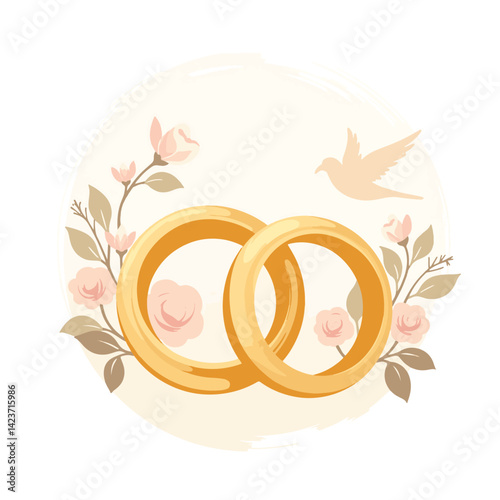 Interlocking gold wedding rings on soft floral background, symbolizing love