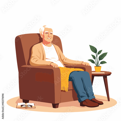 Serene senior man relaxing in armchair with blanket, comfort and contentment