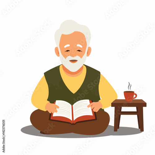 Elderly man reading Bible with tea, peaceful reflection