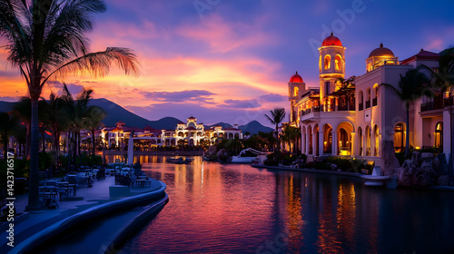 A magical sunset illuminates a stunning waterfront resort, its elegant architecture reflected in the calm waters, creating a breathtaking scene of tranquility and luxury.