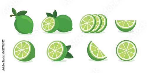 Lime vector. Set of green fresh lime icon. Lime fruits on white isolated. Lime slices collection isolated on white background