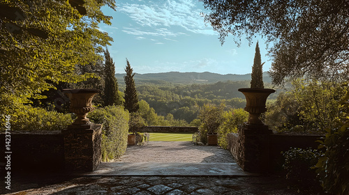 A tranquil Italian garden path reveals a breathtaking Tuscan vista, bathed in warm sunlight and framed by ancient stone urns.