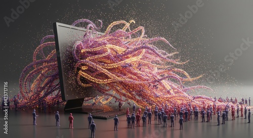 A large crowd gathers around a computer monitor, mesmerized by colorful streams of light emerging from the screen. The vivid, swirling patterns of purple, gold, and pink occupy the space, creating an