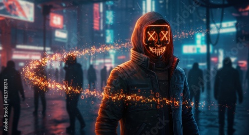 A hooded figure stands confidently in a vibrant cyberpunk city, illuminated by bright neon lights and digital displays. The glowing mask features a playful skull design, contrasting with the dark
