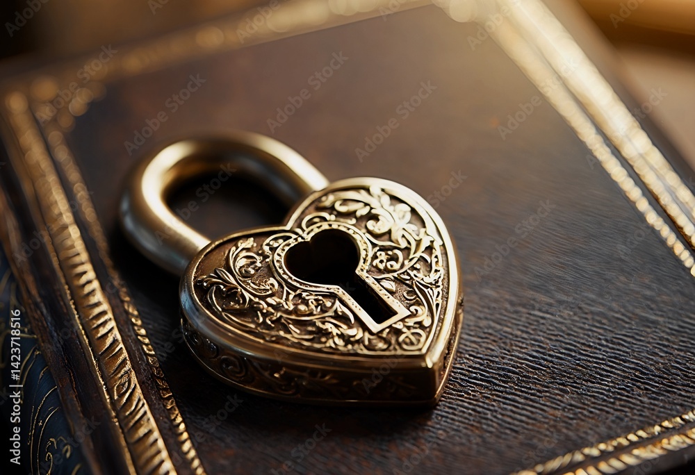 an ornate, heart-shaped padlock rests upon a richly decorated, antique leather-bound book, illuminated by warm, golden light. an ornate, heart-shaped padlock rests upon a richly decorated, antique leather-bound book, illuminated by warm, golden light.