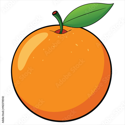 Whole Orange Fruit with Smooth Skin and Green Leaf in Clean Flat Vector Style on White Background

