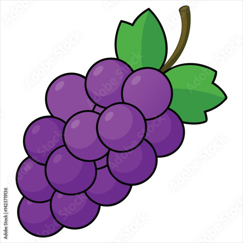Flat Design Bunch of Purple Grapes with Green Stem and Leaves on White Background Vector Illustration

