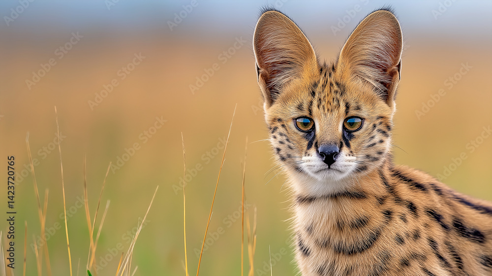 Serval Kitten in Field: A captivating gaze of a young serval kitten is set amid a vibrant field, showcasing its unique spotted coat and large, expressive ears. Serval Kitten in Field: A captivating gaze of a young serval kitten is set amid a vibrant field, showcasing its unique spotted coat and large, expressive ears.