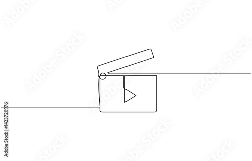 One continuous line drawing of clapper board. Action movie scene and retro video production, Film clapper in one line drawing. Minimalist entertainment concept, One continuous line drawing of clapper.