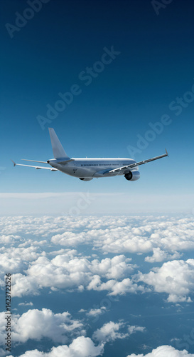 AI illustration of a plane at high altitudes flying above the clouds in a blue daytime sky