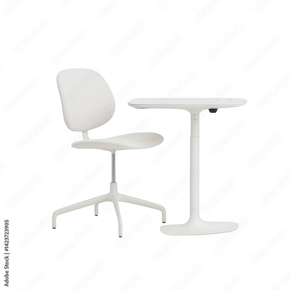 Minimalist white chair and table set on a white background, perfect for contemporary interior design, home office, or modern lifestyle decor. Minimalist white chair and table set on a white background, perfect for contemporary interior design, home office, or modern lifestyle decor.
