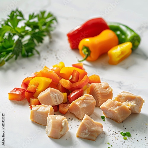 still  life with cooked chicken fillet diced on a white