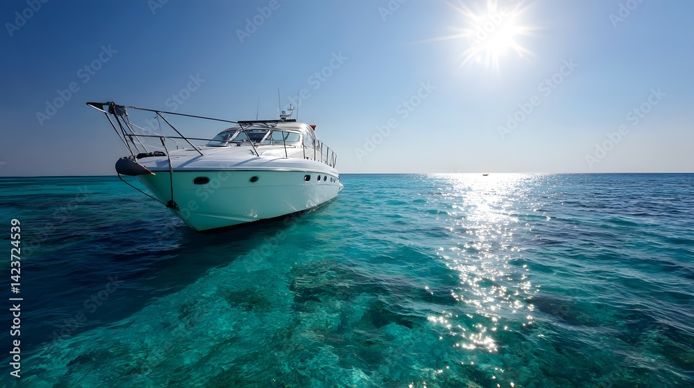 Fototapeta premium Pristine white yacht floats on turquoise sea waters.