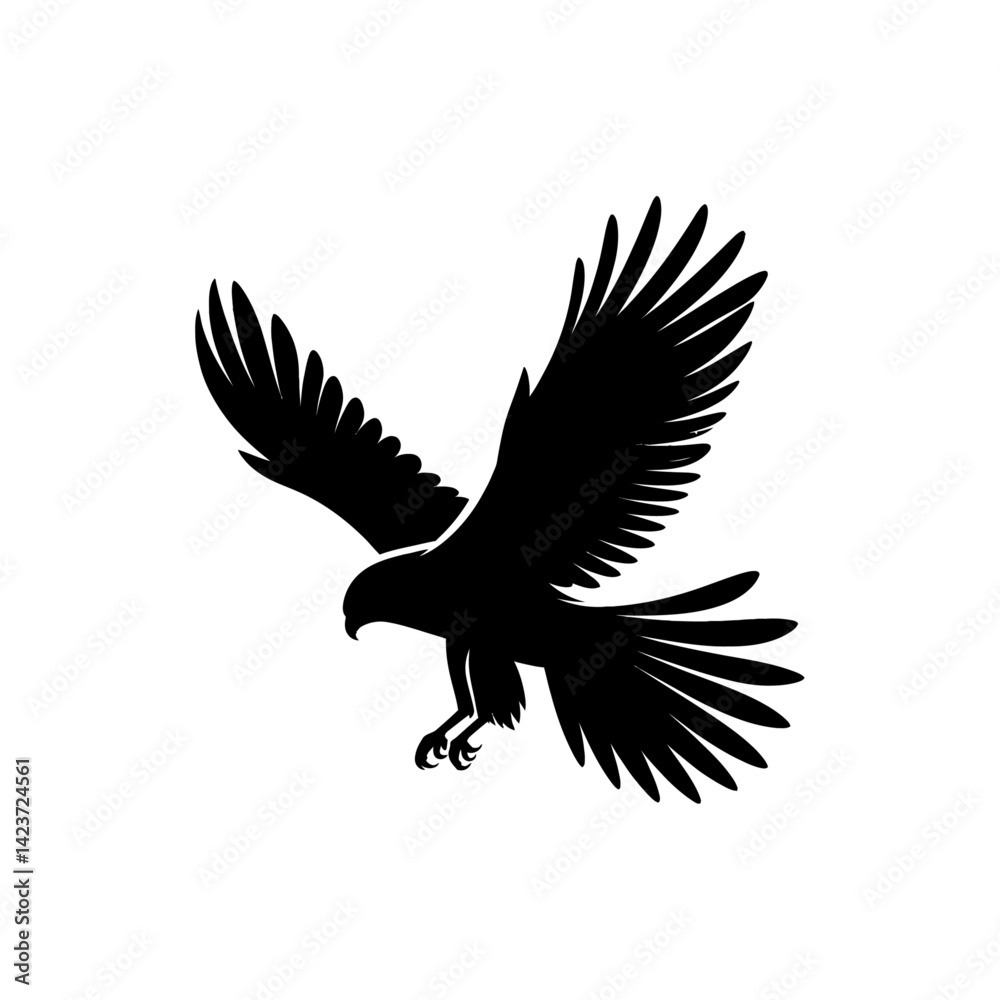 Obraz premium Silhouette of an eagle in flight with wings spread, flying against a white background, showcasing wildlife and nature in a simple black design