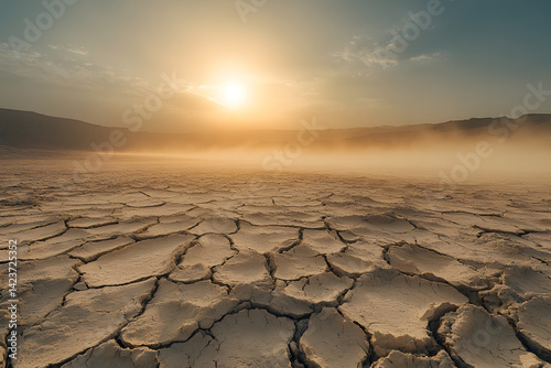 Wide panorama of desolate cracked terrain with the sun faintly visible through the dust storm, drought and desertification concept.