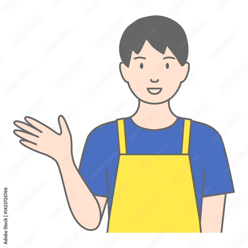 エプロンをした男性が「こちらです」と案内しているイラスト エプロンをした男性が「こちらです」と案内しているイラスト
