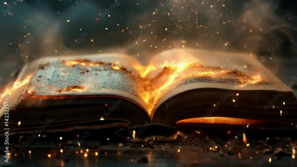 Video with a magical book emitting light and sparks - suitable for fantasy projects, instructional videos or advertising for books and games.
