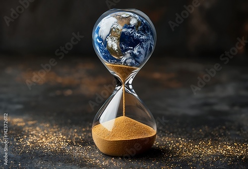 a conceptual image of earth encased within an hourglass, symbolizing the finite nature of time and the planet's resources.