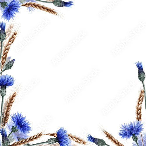 Watercolor floral frame made of blue cornflowers and golden wheat ears. A delicate nature-inspired border that evokes the feeling of a summer field. Perfect for invitations, greeting cards, packaging