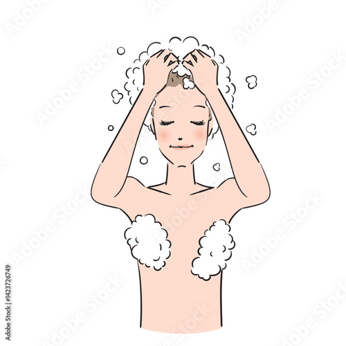 ベクター, イラスト, 洗髪, シャワー, お風呂, バスタイム, 髪を洗う, 髪, ヘアー, ヘアケア, ヘアサロン, ヘアトリートメント, シャンプー, トリートメント, リンス, ビューティー, 美容, 美容院, 美容室, 人物, 日本人, 女性, かわいい, 白バック, 上半身, 髪の毛, ヘアエステ, ヘッドスパ, プロフェッショナルケア, ロングヘア, バスルーム, ヘッドマッサージ,