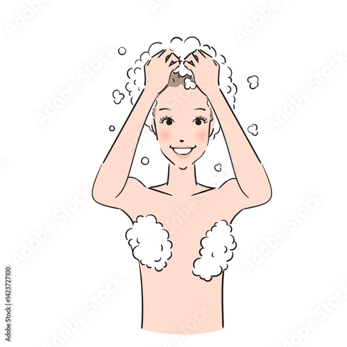 ベクター, イラスト, 洗髪, シャワー, お風呂, バスタイム, 髪を洗う, 髪, ヘアー, ヘアケア, ヘアサロン, ヘアトリートメント, シャンプー, トリートメント, リンス, ビューティー, 美容, 美容院, 美容室, 人物, 日本人, 女性, かわいい, 白バック, 上半身, 髪の毛, ヘアエステ, ヘッドスパ, プロフェッショナルケア, ロングヘア, バスルーム, ヘッドマッサージ,