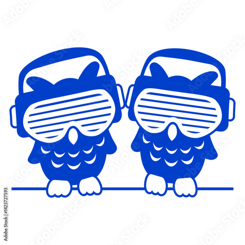 2 DJ owl headphones listen to music club disco fun Isolated Vector Graphic Design Illustration
