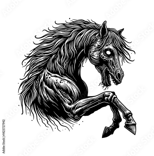 Zombie horse with decaying flesh, a horror apocalypse creature, undead and scary