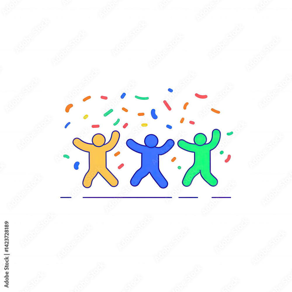 Three cheerful figures celebrating with colorful confetti in the air, symbolizing joy and festivities. Ideal for portraying community events or joyous occasions. Three cheerful figures celebrating with colorful confetti in the air, symbolizing joy and festivities. Ideal for portraying community events or joyous occasions.