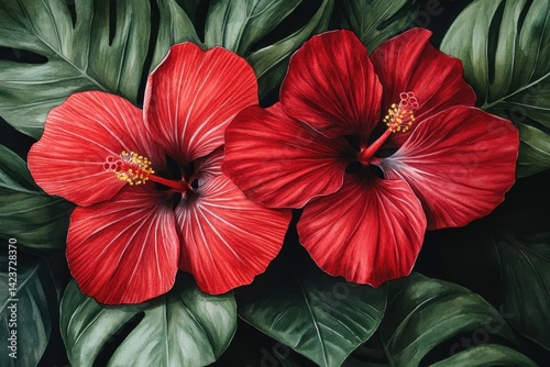 Vivid hibiscus blossoms amidst lush foliage, a botanical display of tropical beauty