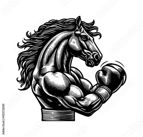 Horse boxing in sport martial arts fitness fighter punch with determined expression