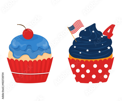 set of cupcakes. July 4th themed cupcakes vector. cupcake isolated on white background.