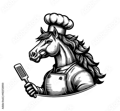 Horse chef cooking in kitchen. Culinary food preparation at restaurant