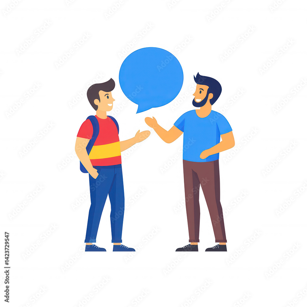 Fototapeta premium Two men engaged in conversation with a speech bubble above them, showcasing friendly communication. Ideal for illustrating social interaction and dialogue concepts.