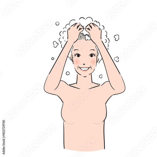 ベクター, イラスト, 洗髪, シャワー, お風呂, バスタイム, 髪を洗う, 髪, ヘアー, ヘアケア, ヘアサロン, ヘアトリートメント, シャンプー, トリートメント, リンス, ビューティー, 美容, 美容院, 美容室, 人物, 日本人, 女性, かわいい, 白バック, 上半身, 髪の毛, ヘアエステ, ヘッドスパ, プロフェッショナルケア, ロングヘア, バスルーム, ヘッドマッサージ,