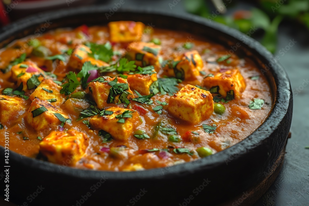 Close-up of Indian paneer curry with rich tomato gravy and fresh herbs in a traditional stone pot Close-up of Indian paneer curry with rich tomato gravy and fresh herbs in a traditional stone pot