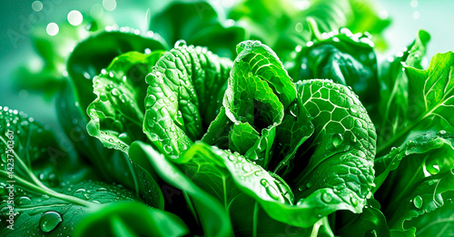 Fresh lettuce leaves, densely packed, close up, with water droplets. AI generated.