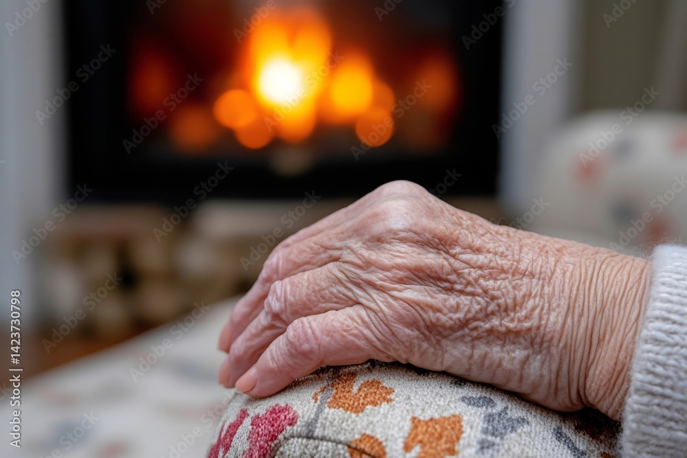 Aged hand with delicate wrinkles resting near a glowing fireplace Aged hand with delicate wrinkles resting near a glowing fireplace