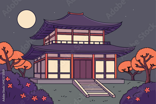 Traditional Japanese Temple at Night Moonlit Cultural Heritage Illustration
